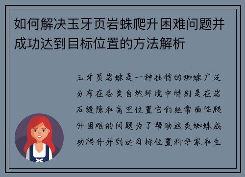 如何解决玉牙页岩蛛爬升困难问题并成功达到目标位置的方法解析 如何解决玉牙页岩蛛爬升困难问题并成功达到目标位置的方法解析